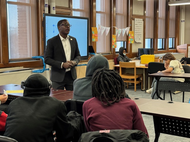 Students listen to Milwaukee County Executive David Crowley speak in the Bay View High School Library on February 14, 2025.