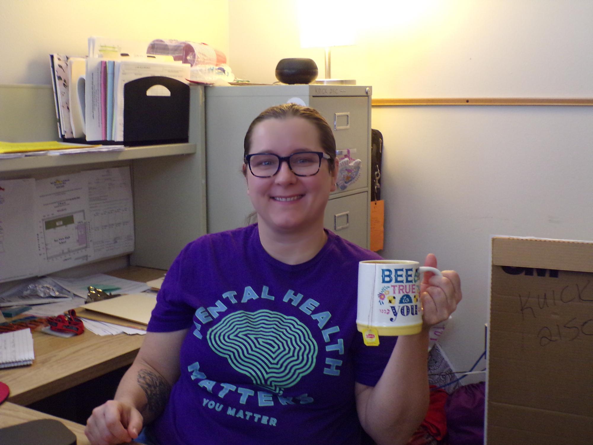 Bay View High School social worker Katie Kuick wears a purple “Mental Health Matters” T-shirt in support of mental health awareness Dec. 17 at Bay View High School.