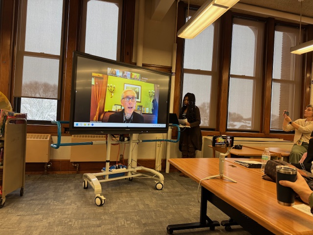 Senior Isah Furr asks Wisconsin Gov. Tony Evers a question during the Dec. 3, 2025, Zoom press conference in the Bay View High School library about SNAP benefits and resources for families in need.
