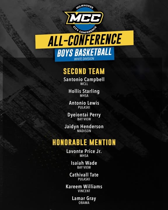 Bay View continues to stack up the honors. 
Dyeiontai Perry earns Milwaukee City Conference Second Team recognition, while Isaiah Wade adds to the team’s success with an Honorable Mention selection.
More proof of the depth, talent, and impact behind a standout season.
Image provided by the Milwaukee City Conference.