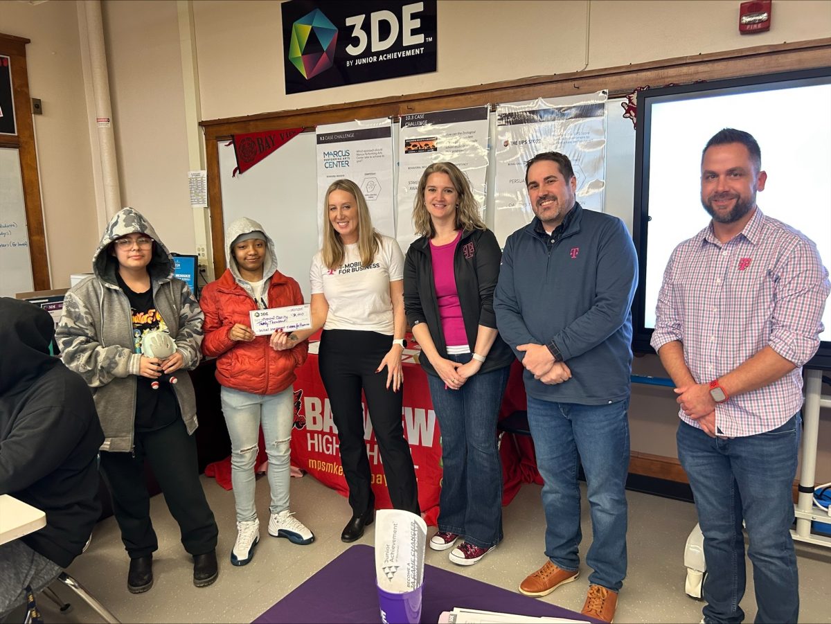 Student groups pitched their biz ideas to a panel of mock investors in mid-December. Those mock investors then awarded each group a check.