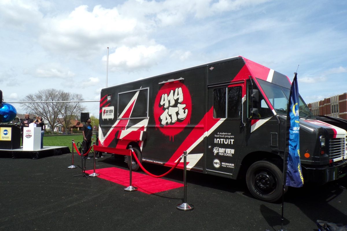 Bay View High School's new Food Truck, 414 Ate, sits on the track behind the school at the launch event on April 23rd. 