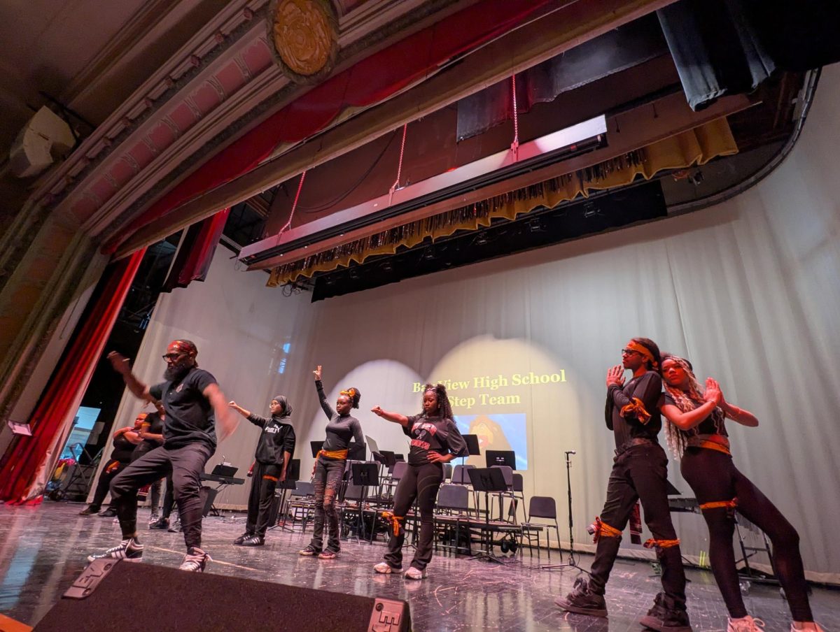 Members of the Bay View High School step team perform during a Black History program at Bay View High School on March 24. The performance celebrated African American culture, history, and artistic expression through rhythmic movement and unity.
